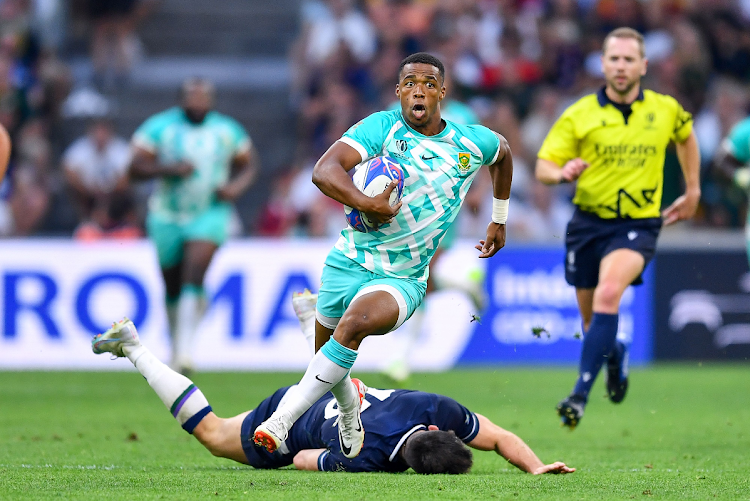 Springbok player Grant Williams in action during the Rugby World Cup France 2023 match against Scotland at Stade Velodrome on September 10, 2023 in Marseille, France.