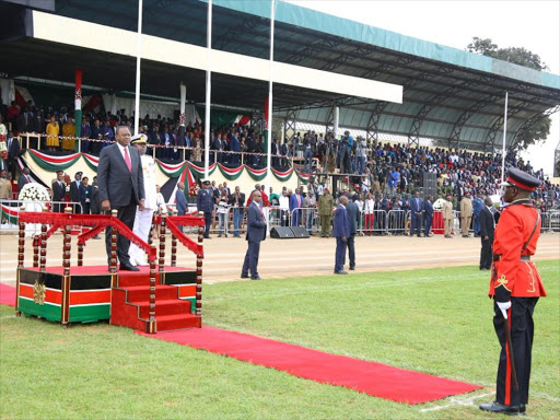 President Uhuru Kenyatta during the Madaraka Day celebrations at Kinoru Stadium, Meru county on Friday, June 1, 2018. /PSCU