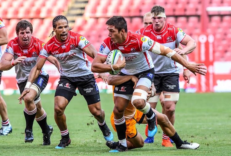 Harold Foster of the Lions with possession during the Super Rugby match between Emirates Lions and Jaguares at Emirates Airline Park on March 09, 2019 in Johannesburg, South Africa.