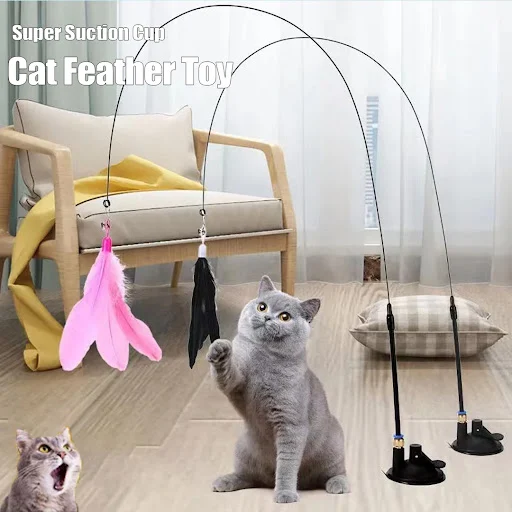 Cat Feather Toys Teaser Feather Wand Interactive Toys Cat Toys With Super Suction Cup Removable 3PCS Feather Replacement