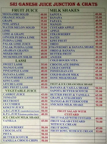 Sri Ganesh Juice Junction And Chats menu 