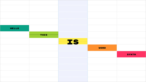 A grid displays the words "hello this is word synth" diagonally from top left to bottom right of the image. Each word is in it's own cell and has it's own color. 
