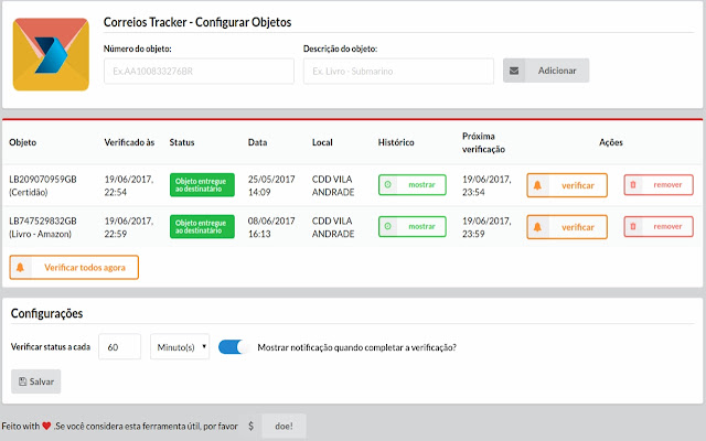 Correios Tracker chrome extension