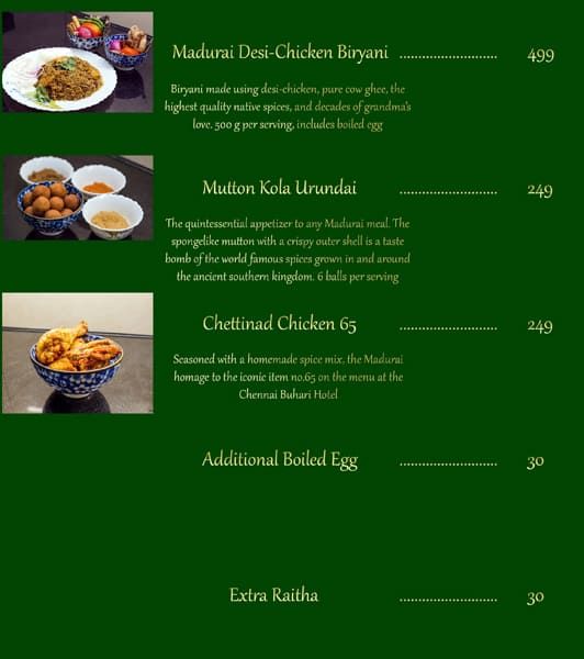 Nirmala's Naattukkozhi Biryani menu 