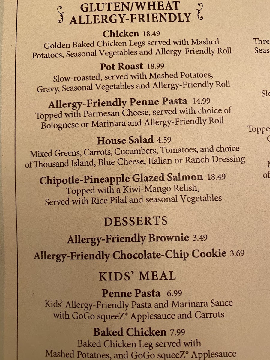 Gluten-free menu as of Jan 2020