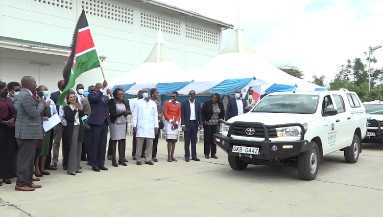 Health CS Mutahi Kagwe flags off 21 additional vehicles to improve transport in the Immunization Programme in the country on May 5, 2022