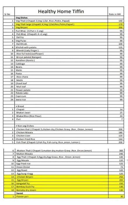 Healthy Home Tiffin menu 