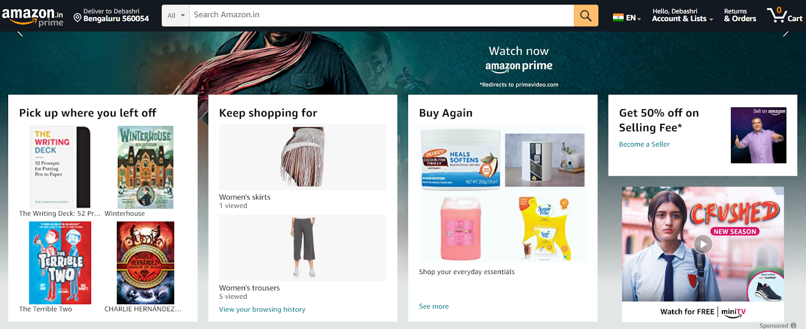 An example of eCommerce personalization - Amazon showcases a user’s previous purchases, product views, and interests