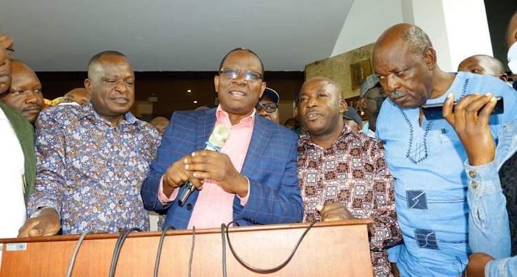 Onyango Oloo, Senator Fred Ouda, Ken Obura and Jack Ranguma after a consultative meeting on Monday.