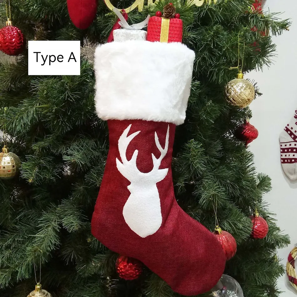 Meia de Natal vermelha com bordado de alce em cânhamo, saco de presente e pingente, ideal para presentes de Natal.