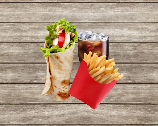 Cheesy Roasted Vegetable Wrap With French Fries And Thums Up