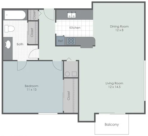 Classic One Bed, One Bath Floorplan Diagram