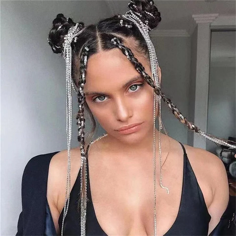 Gevlochten haar ketting Hip Hop stijl met glanzende strass steentjes, een schitterend accessoire voor een opvallende en trendy uitstraling.