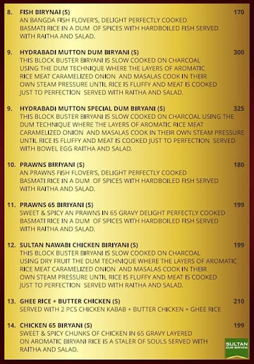 sultan dum briyani menu 