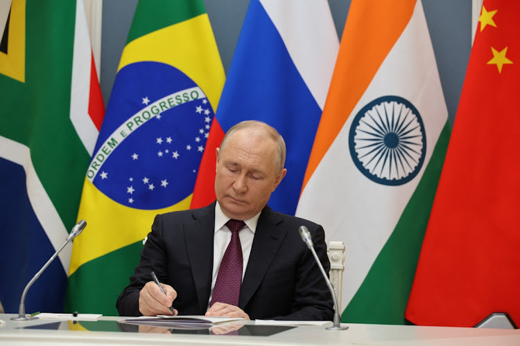 Russian President Vladimir Putin takes part in the 15th BRICS Summit, via video link in Moscow, Russia, August 24, 2023.