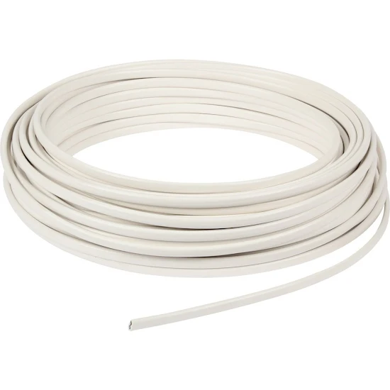 En vit vrmebestndig Namron Downlightkabel FKX 50m ligger upprullad i en tt spiral. Elbutik.se erbjuder denna kabel med 2x1,5 mm tvrsnitt, anpassad fr temperaturer upp till 90 C och levererad p 50-metersrulle.