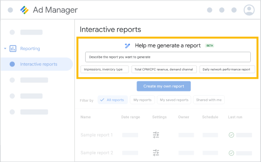 Example of the "Help me generate a report" feature in Google Ad Manager