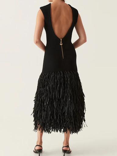 Title 2, Solid Color Hem Fringe Knitted Halter Dress