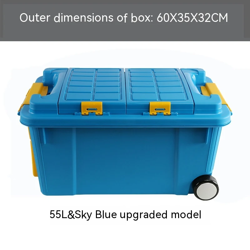 Grande boîte de rangement en plastique robuste avec chariot embarqué, épaissie, pour un stockage sécurisé et un transport facile.