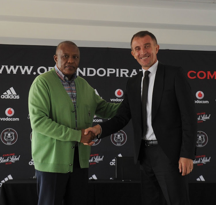 Orlando Pirates's chairman Irvin Khoza and new head coach Milutin Sredojević at a press conference on Thursday 3 August 2017.