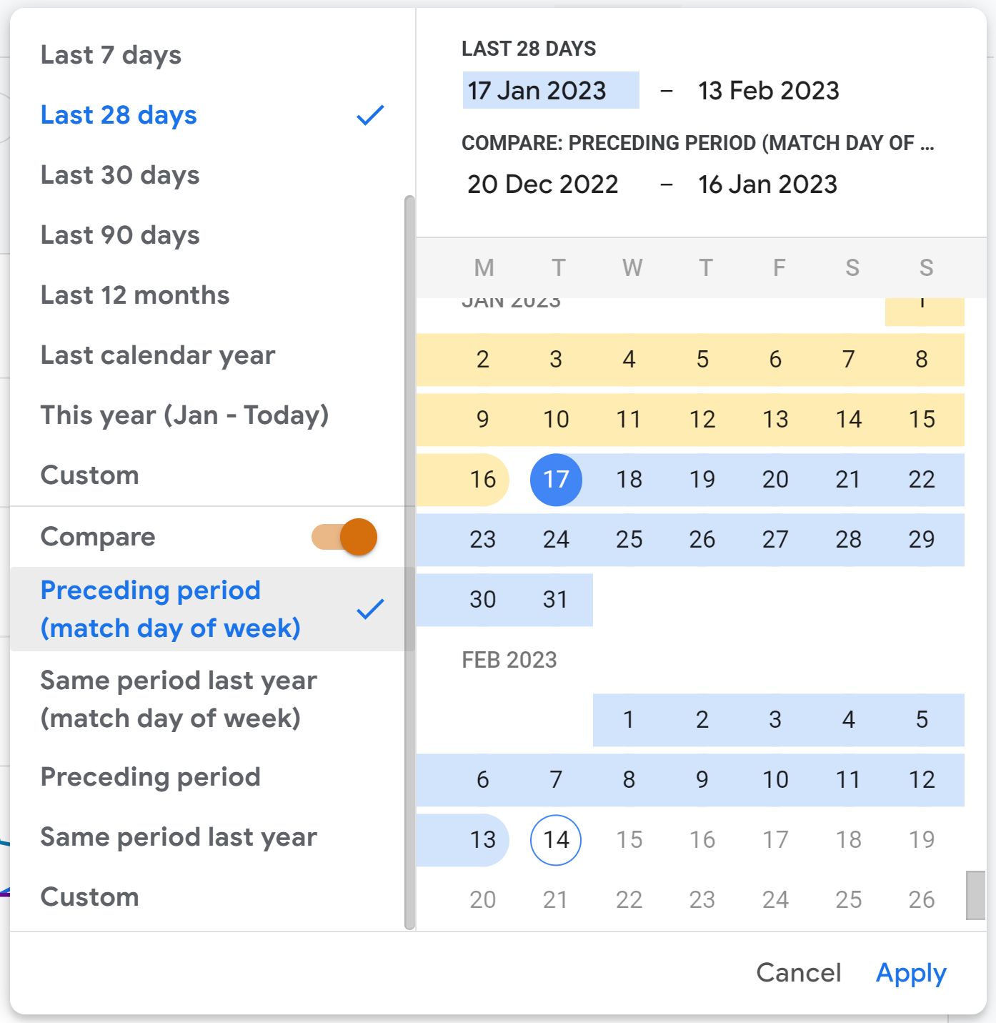 GA4's date range selector with a comaprison date range selected and showing all the default compoarion options