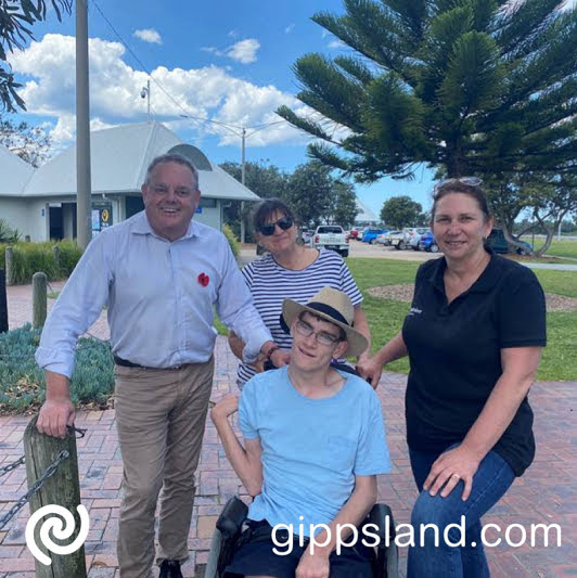 Member for Gippsland East and Shadow Minister for Disability, Tim Bull, is pictured with Harry and Liz Riseley and carer Rhonda, at the proposed Changing Places site in Lakes Entrance