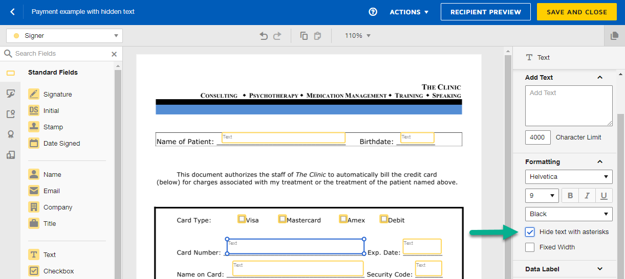 A text field with the Hide text with asterisks property selected.