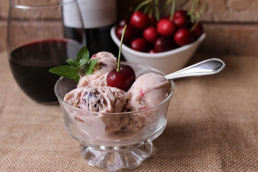 red wine ice cream with walnuts and cherries