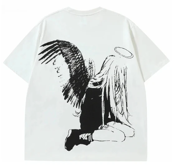 Camiseta Hip Hop para hombre con estampado de alas de ángel de dibujos animados, estilo urbano y moderno, ideal para un look llamativo.