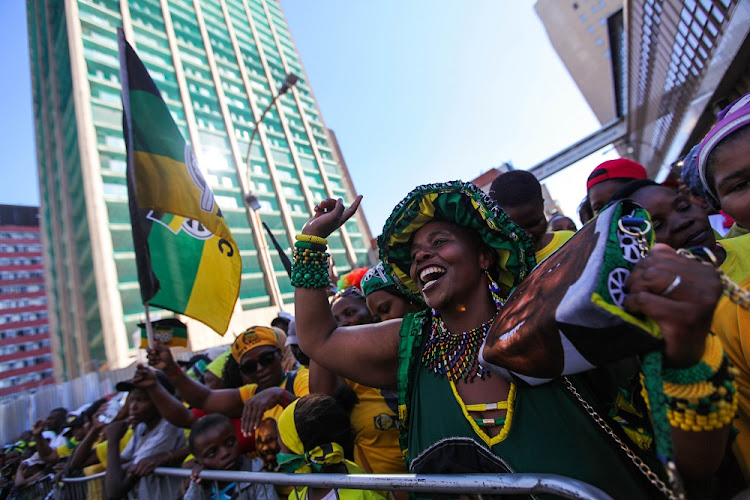 ANC members gather at Luthuli House in the Johannesburg city centre, May 12 2019, where the ANC leadership thanked voters for their role in the party's victory in the sixth general elections.