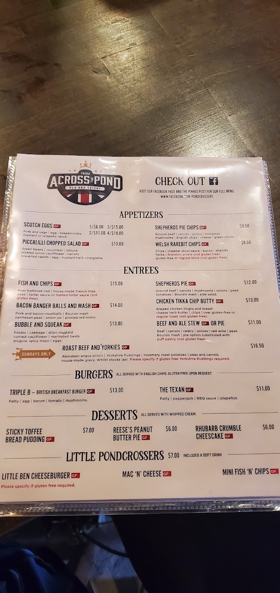 From Across the Pond gluten-free menu