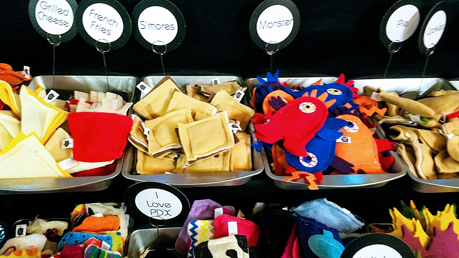 Catnip toys in the form of little food at the Catnip Takeout booth as part of the vibe of the Portland Night Market, held every few months in the Central Industrial District in a warehouse, during the November 2016 market