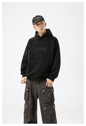Title 24, Mens Cross Embroidery Loose Hooded Sweater, a ...