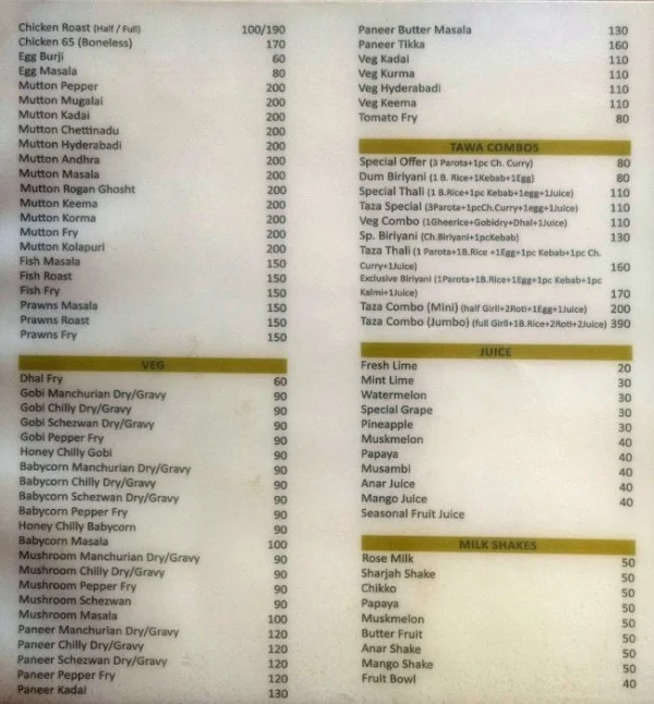 Taza Tawa menu 