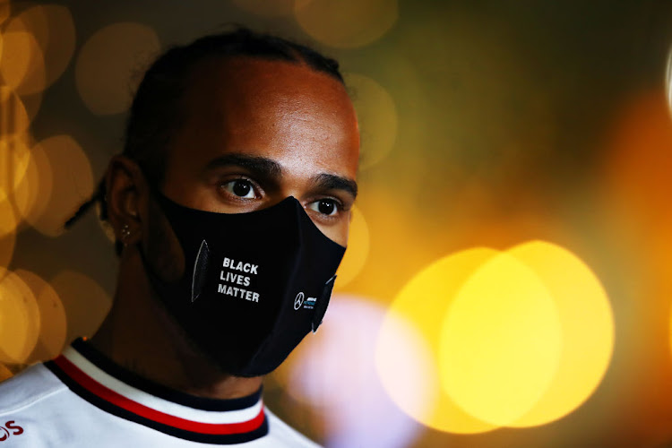 Lewis Hamilton of Great Britain and Mercedes GP in the paddock before the F1 Grand Prix of Bahrain at Bahrain International Circuit on November 26, 2020 in Bahrain.