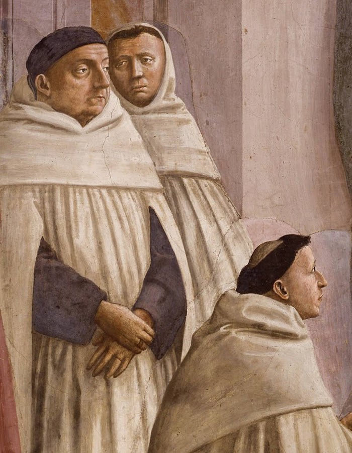 Masaccio e Filippino Lippi, Resurrezione del figlio di Teofilo e san Pietro in cattedra (particolare, tre sacerdoti in abito bianco, forse dei Carmelitani, siedono di fronte a Pietro sul pulpito), Cappella Brancacci, Santa Maria del Carmine, Firenze