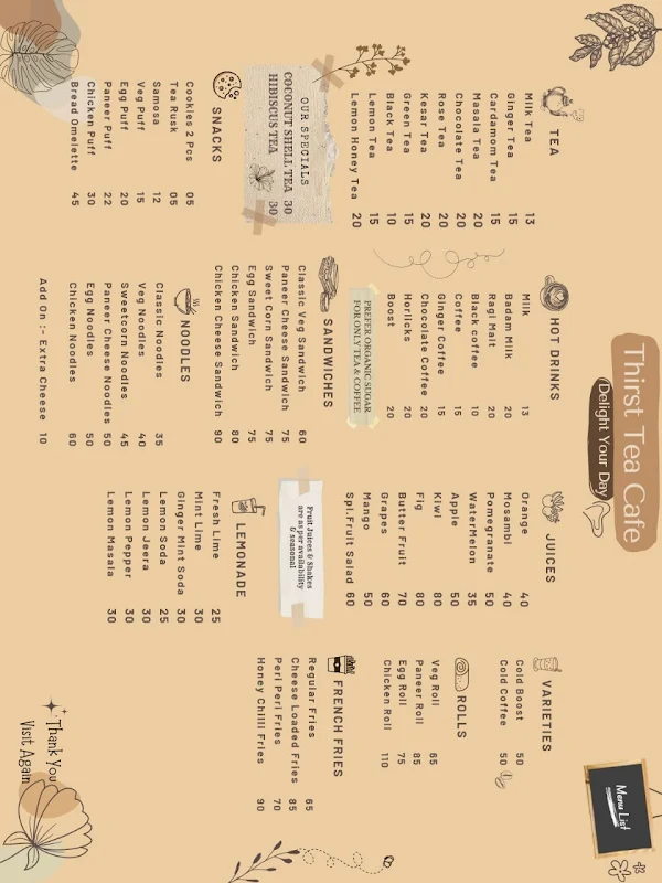 THIRST TEA CAFE menu 