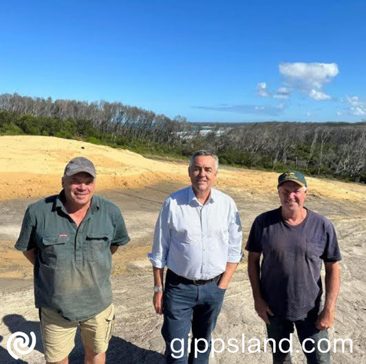 Mallacoota Golf Club Secretary Greg Hopkins, local MP Darren Chester and Mallacoota Golf Club President Max Donovan inspecting upgrades underway at the course