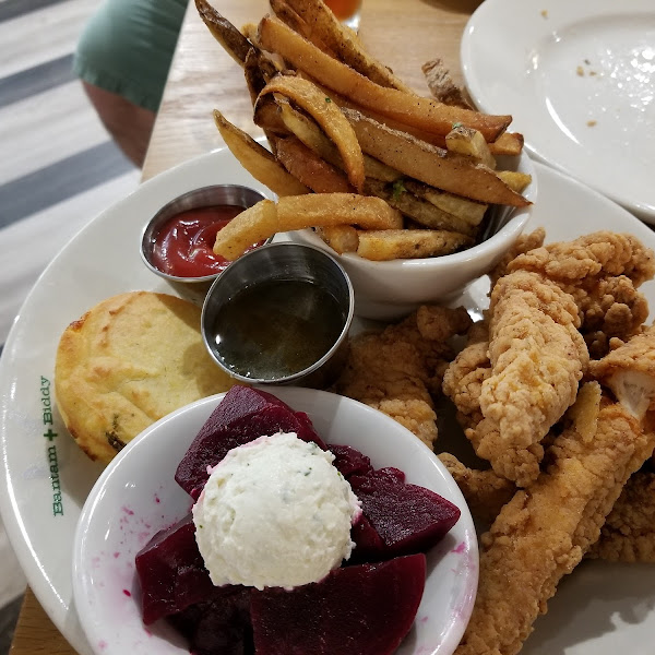 So good!! Chicken tender plate w/fries, pickled beets w/goat cheese and a jalapeno cornbread muffin.