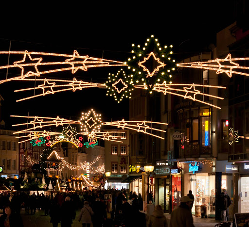 The Christmas market in Trier, Germany, on the Moselle River, in late November. 