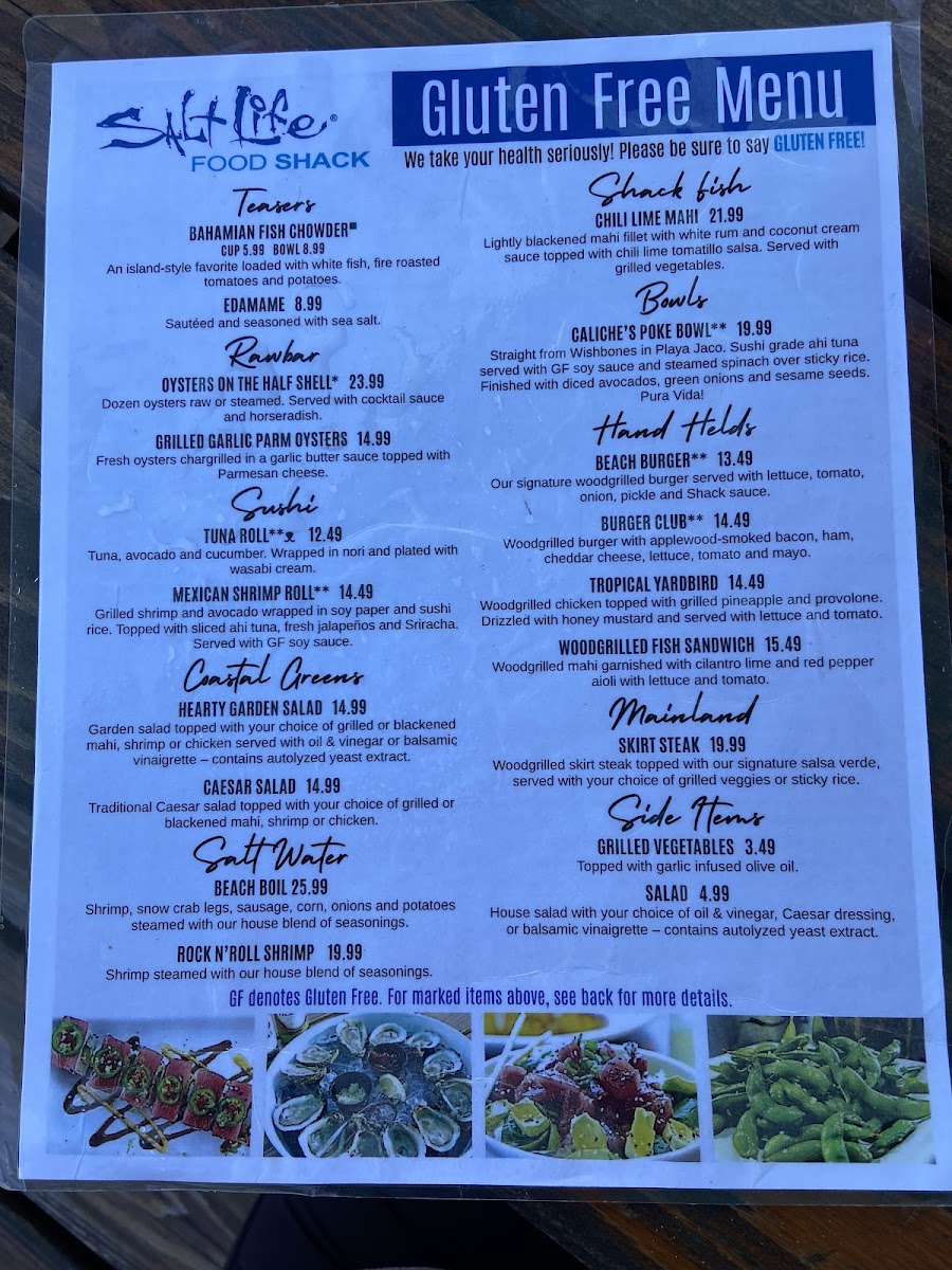 Salt Life Food Shack gluten-free menu