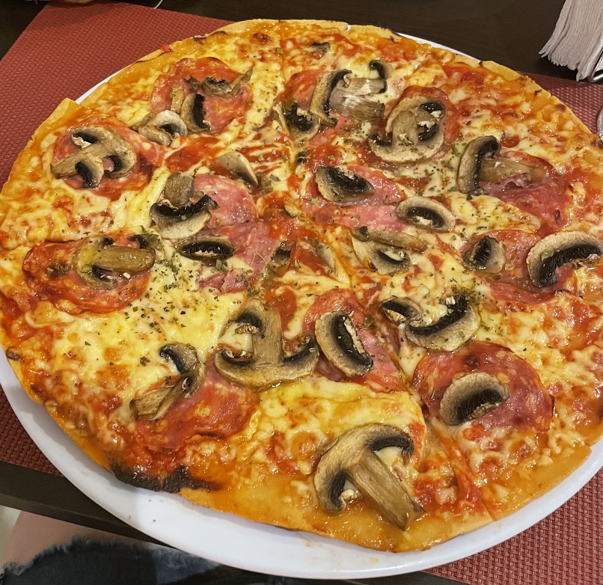 Gluten free pizza with salami and mushroom