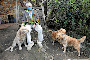 Peter Berman with his remaining dogs - he had to confess to a lockdown violation after a fourth dog was bitten by a snake during an illegal walk. 