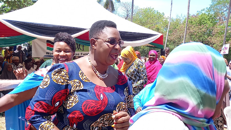 The Public Service, Affirmative Action and Gender Cabinet Secretary Aisha Jumwa joins residents in a dance during celebrating the UN resolution on women, empowerment, peace and security at Msambweni in Kwale county on Friday, November 4, 2022.