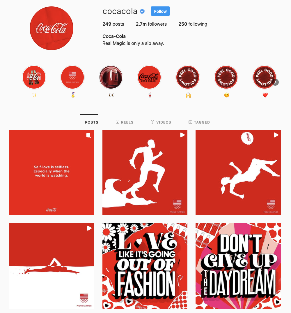 Coca-Cola's vibrant red runs throughout its Instagram page.