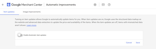 Image that shows how you can disable the 'Automatic item updates' in the Google Merchant Center.