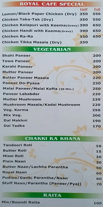 Mini's Royal Cafe menu 