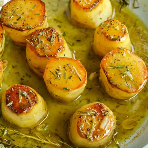 These easy yet elegant French Fondant Potatoes are tender baked with crispy edges in a buttery stock mixture with fresh herbs.  The end result is over-the-top tasty spuds, along with truly aromatic pleasures.

