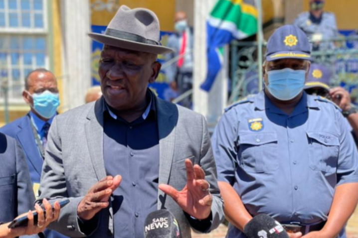 Police minister Bheki Cele addresses the media at the Castle of Good Hope on February 10 2022.