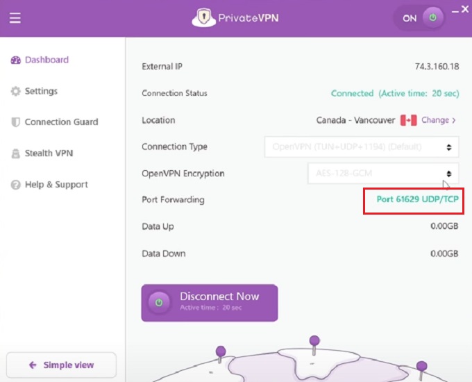 PrivateVPN Ports selected